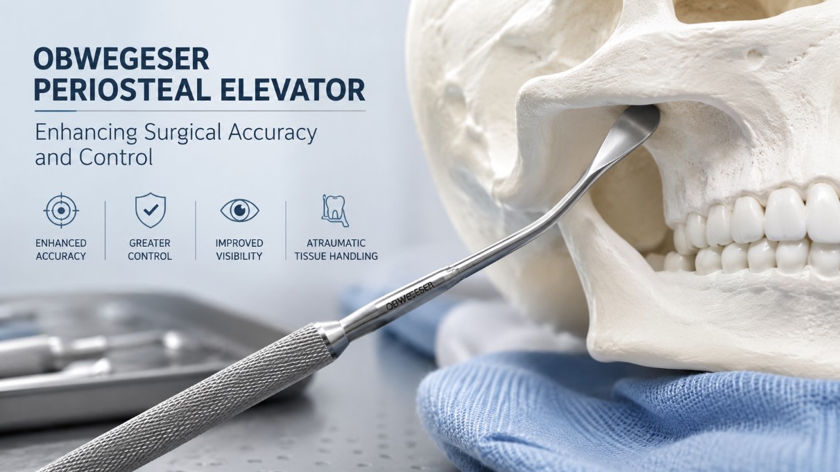 Clean clinical close-up of an Obwegeser periosteal elevator beside a dental skull model in a sterile surgical setting.