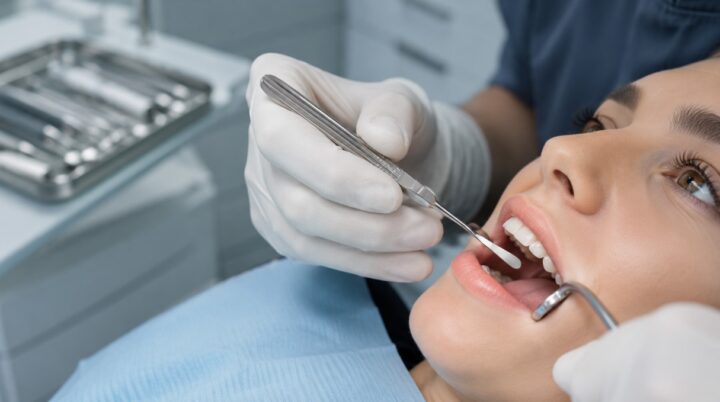 Dentist using an Obwegeser periosteal elevator during a clean dental procedure with no visible blood.
