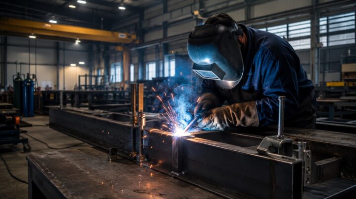 Professional welder using protective gear and welding equipment to create a precise joint in an industrial workshop.