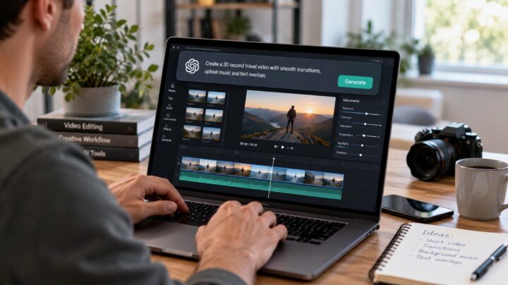 Person using an AI-powered video editing tool on a laptop to turn written instructions into a finished video edit